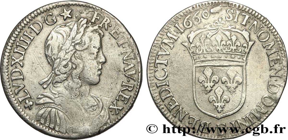 LOUIS XIV &nbsp;THE SUN KING&nbsp; Demi-écu, portrait à la mèche longue 1660 Angers VF