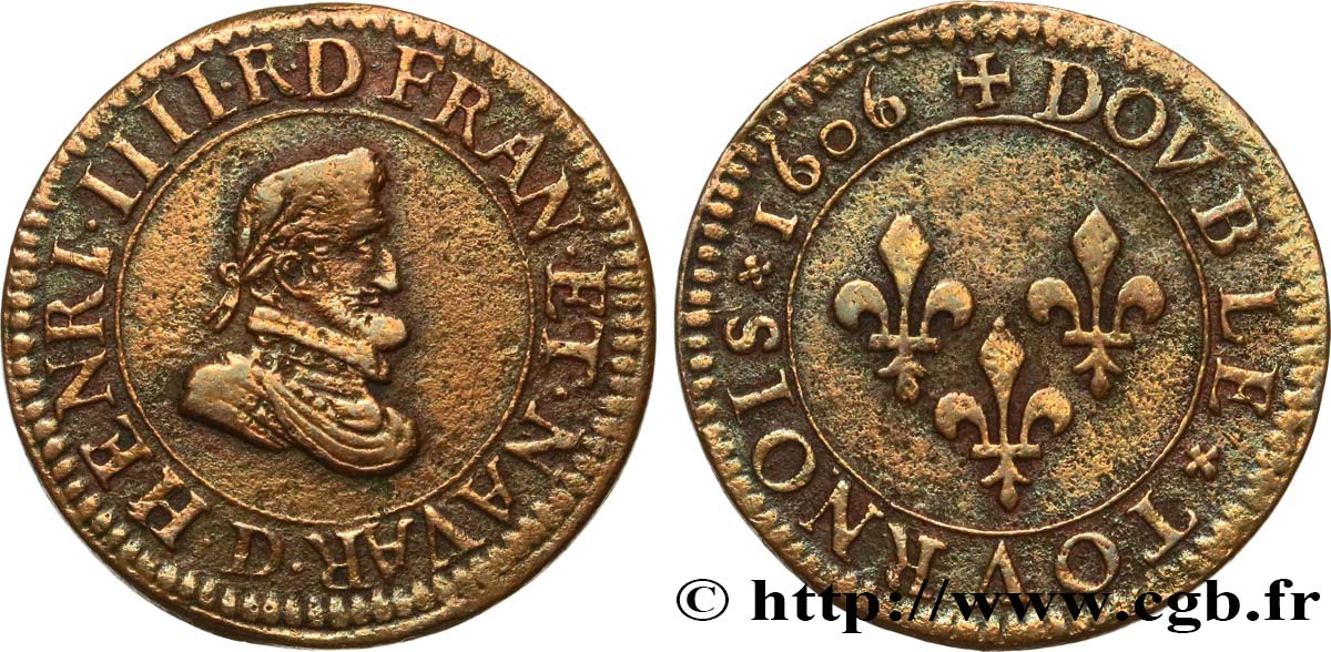HENRI IV LE GRAND Double tournois, 1er type 1606 Lyon TTB