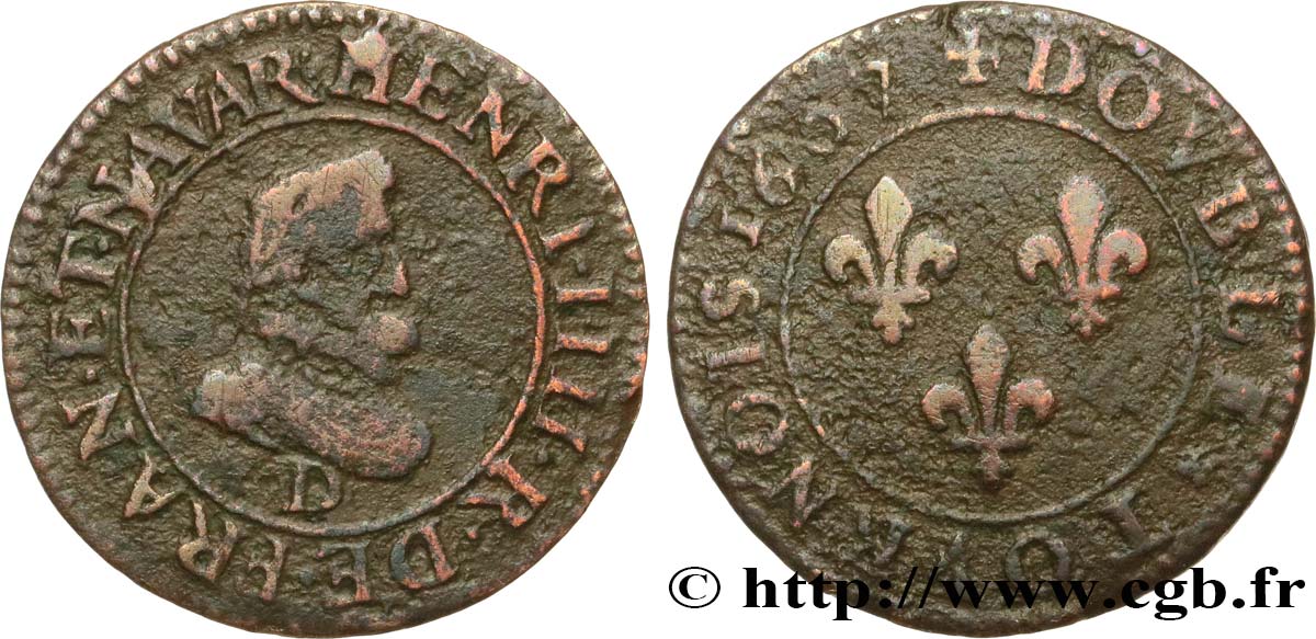HENRY IV Double tournois, 1er type 1607 Lyon BC+
