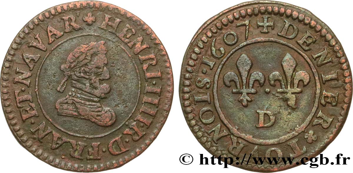 HENRI IV LE GRAND Denier tournois, type A 1607 Lyon TTB