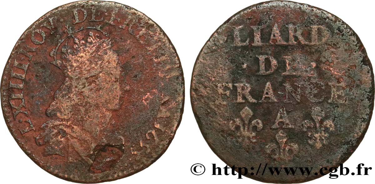 LOUIS XIV LE GRAND OU LE ROI SOLEIL Liard de cuivre, 2e type 1655 Corbeil B+