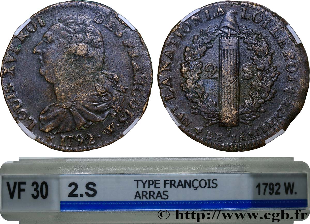 LOUIS XVI (MONARQUE CONSTITUTIONNEL)  2 sols dit  au faisceau , type FRANCOIS 1792 Arras TB+30