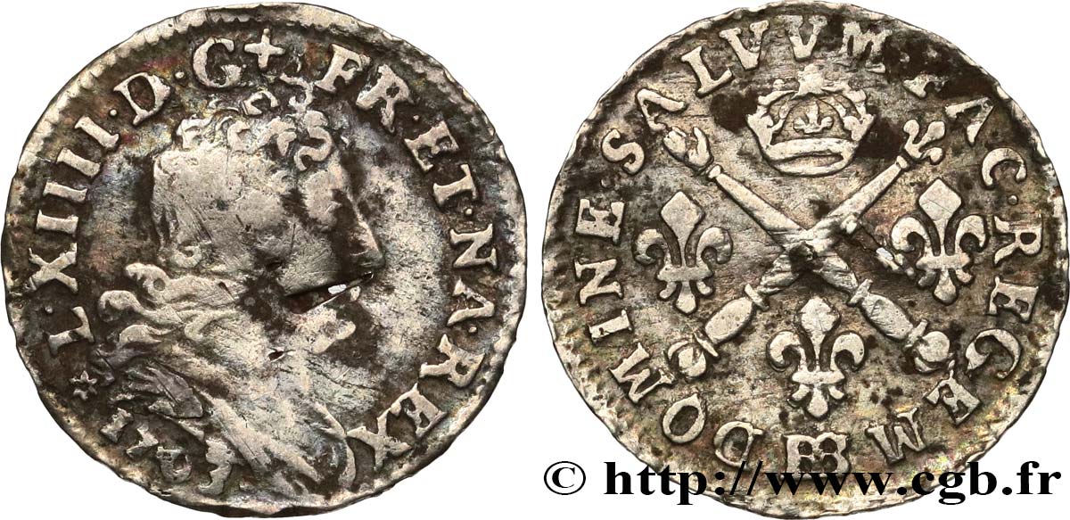 LOUIS XIV  THE SUN KING  Cinq sols aux insignes 1703 Strasbourg S/fSS