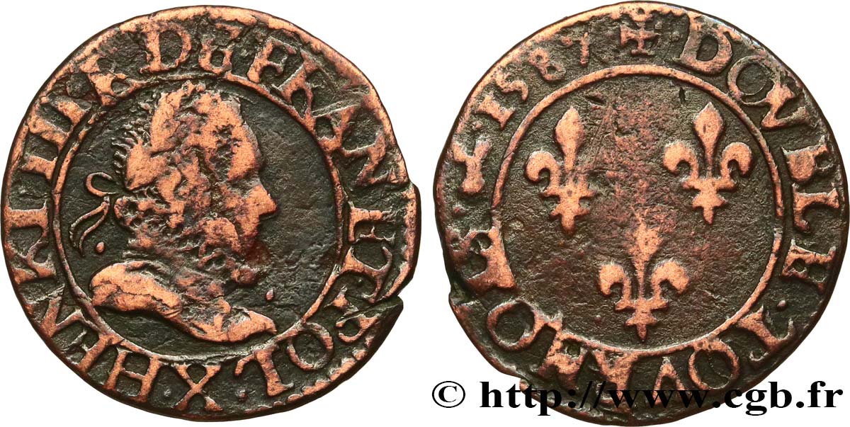 HENRY III Double tournois, type d’Amiens 1587 Amiens BC+