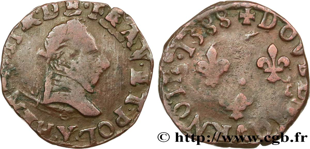 HENRY III Double tournois, type de Bourges 1588 Bourges fSS
