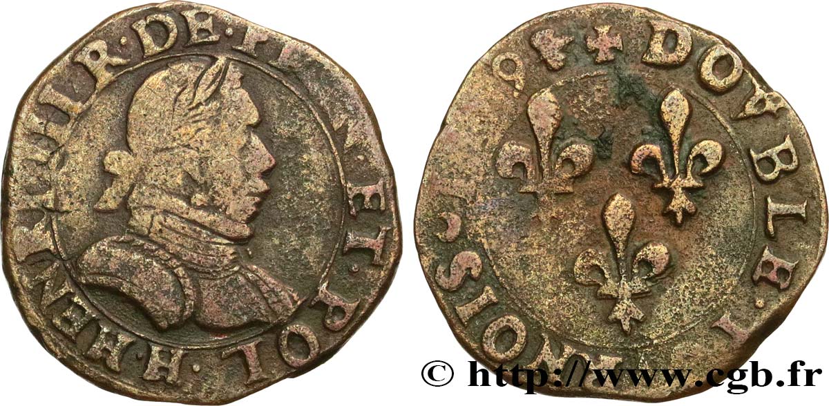 HENRI III Double tournois, 1er type de la Rochelle 1579 La Rochelle TB+