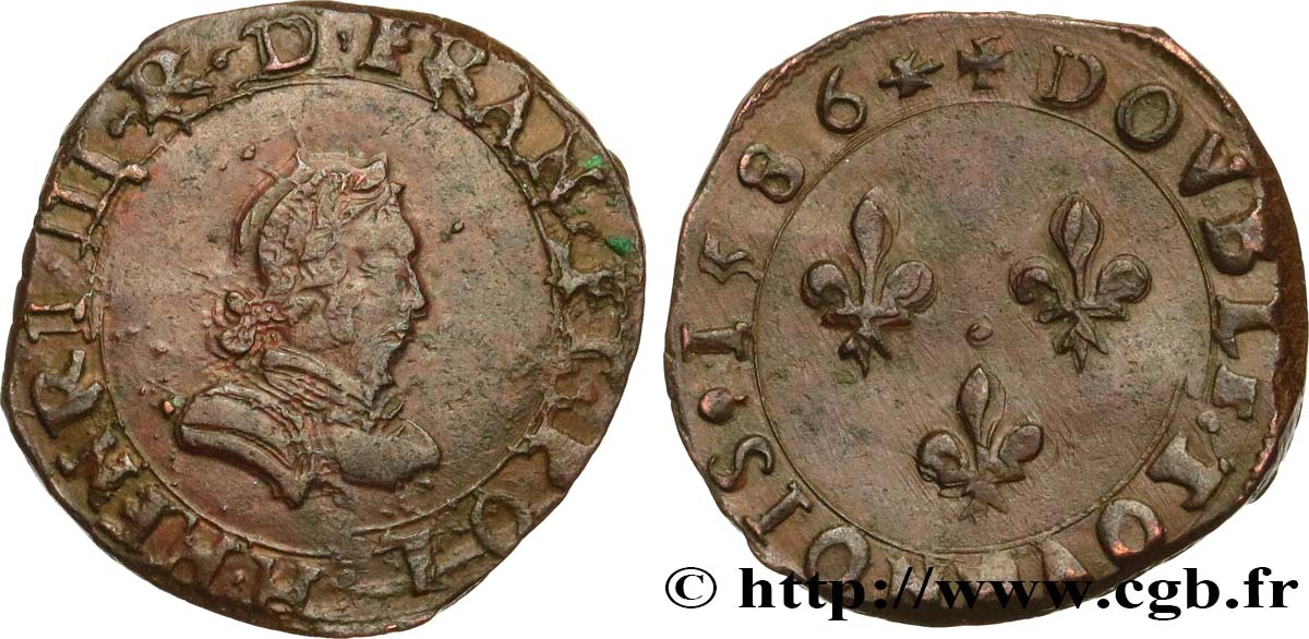 HENRI III Double tournois, 3e type de La Rochelle, buste du denier 1586 La Rochelle TTB+