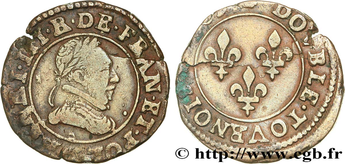 HENRY III Double tournois, type de Saint-Lô 1589 Saint-Lô SS