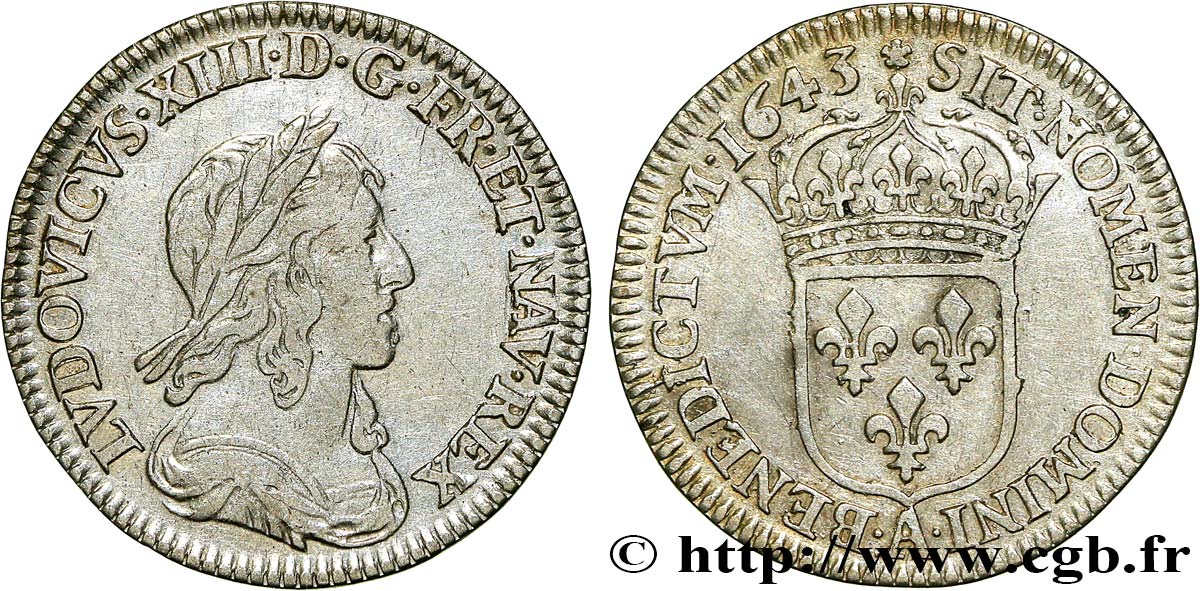 LOUIS XIII LE JUSTE Douzième d écu, 3e type, 2e poinçon de Warin 1643 Paris, Monnaie de Matignon TTB