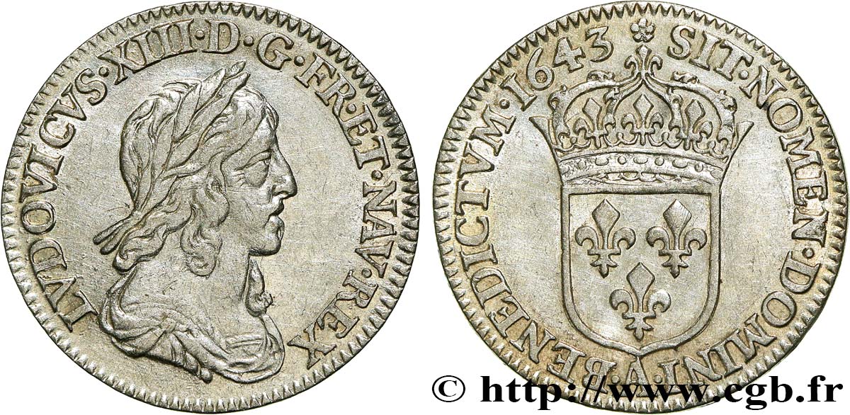 LOUIS XIII LE JUSTE Douzième d écu, 3e type, 2e poinçon de Warin 1643 Paris, Monnaie de Matignon TTB/TTB+