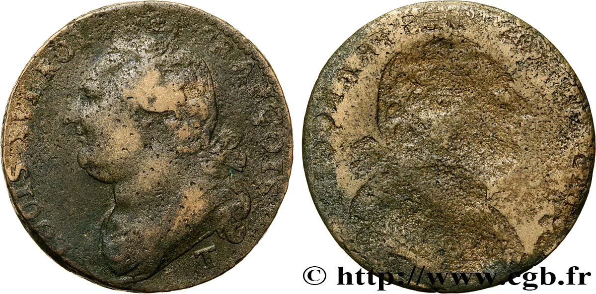 LOUIS XVI 12 deniers dit  au faisceau , type FRANÇOIS, frappe incuse n.d. Nantes VF