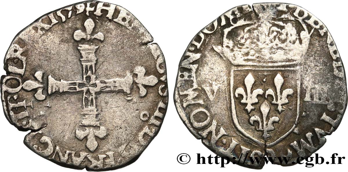 HENRY III Huitième d écu, croix de face 1579 Rennes VF