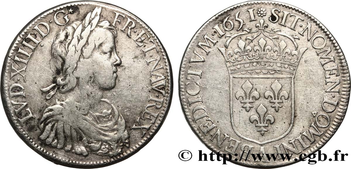 LOUIS XIV  THE SUN KING  Écu, portrait à la mèche longue 1651 Paris VF