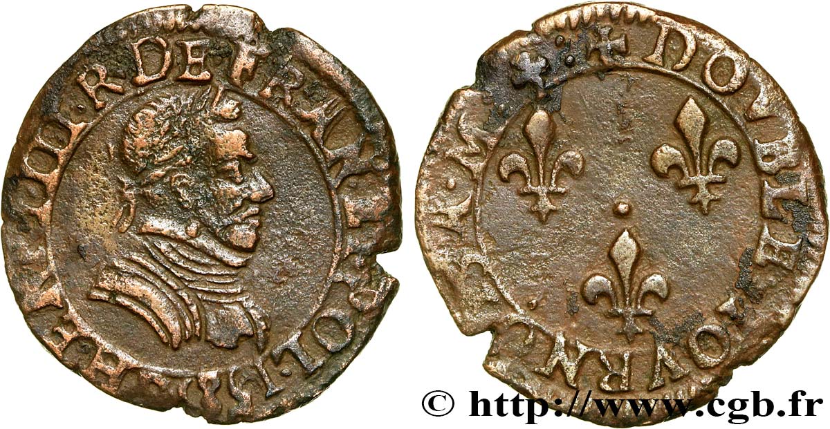 HENRI III Double tournois, 1er type 1585 Lyon TTB