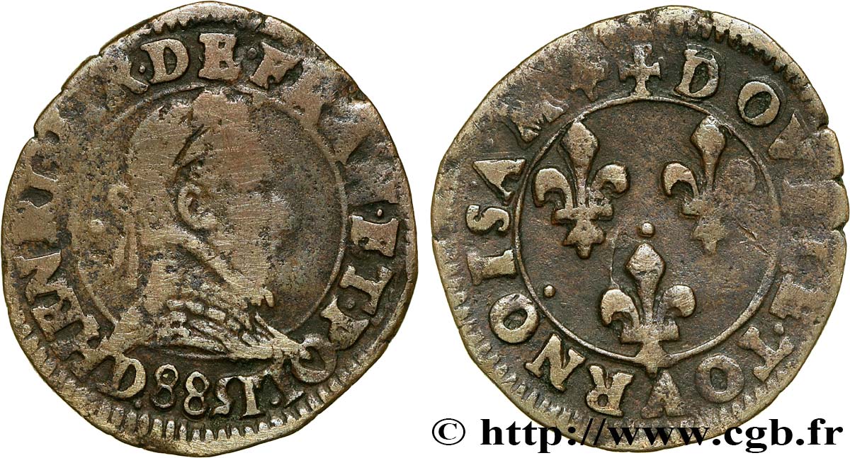 HENRI III Double tournois, 2e type 1588 Lyon TB+