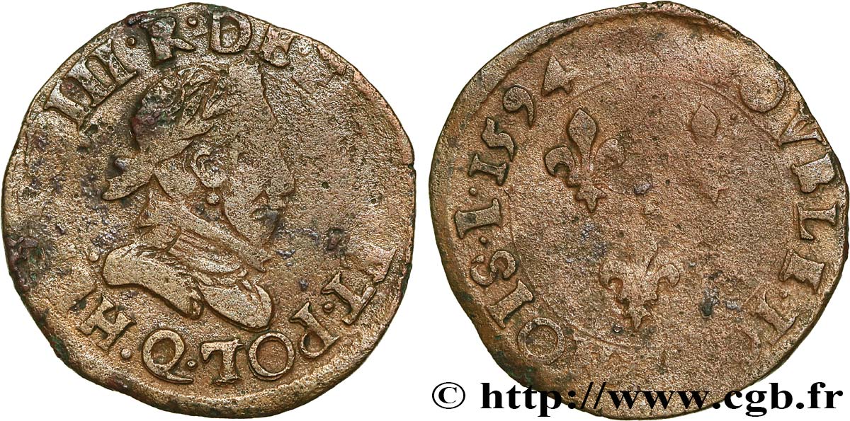 LIGUE. COINAGE AT THE NAME OF HENRY III Double tournois, 2e type de Narbonne 1594 Narbonne fSS