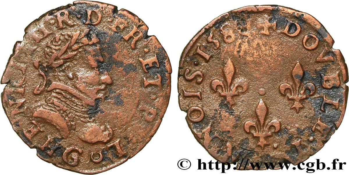 LIGUE. COINAGE AT THE NAME OF HENRY III Double tournois, type de Poitiers 1588 Poitiers SS