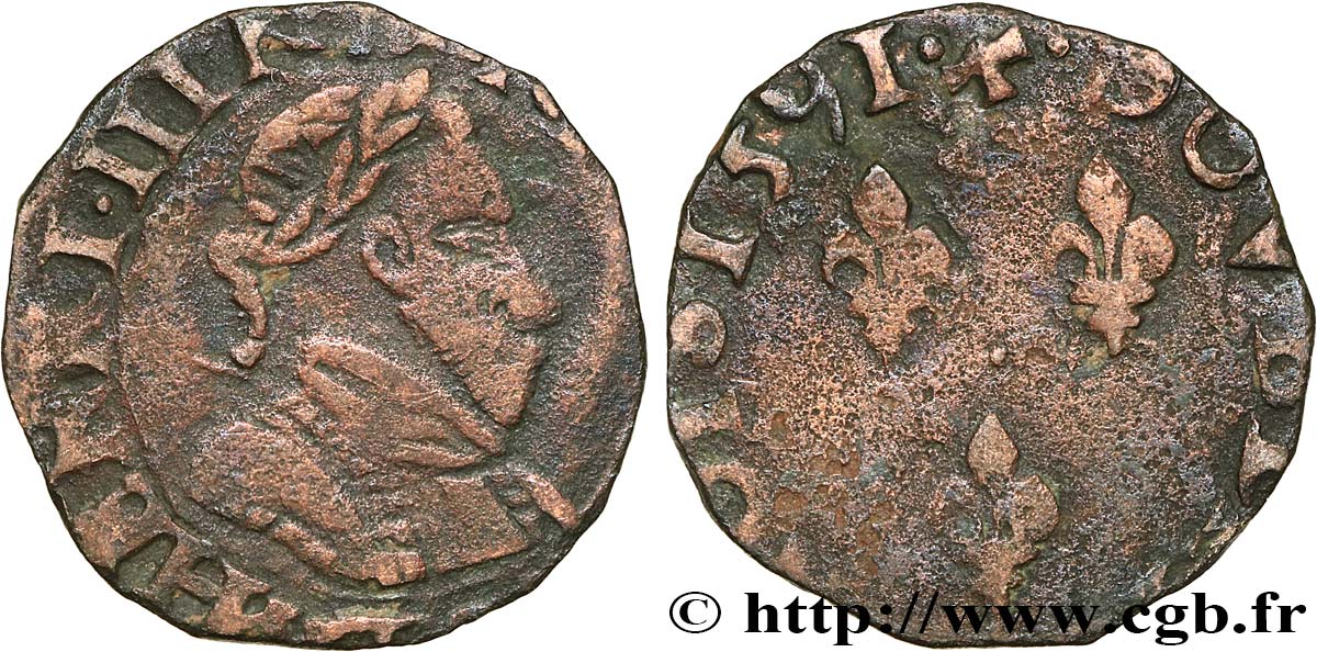 HENRI III Double tournois, faux d’époque 1591 Bayonne TB+