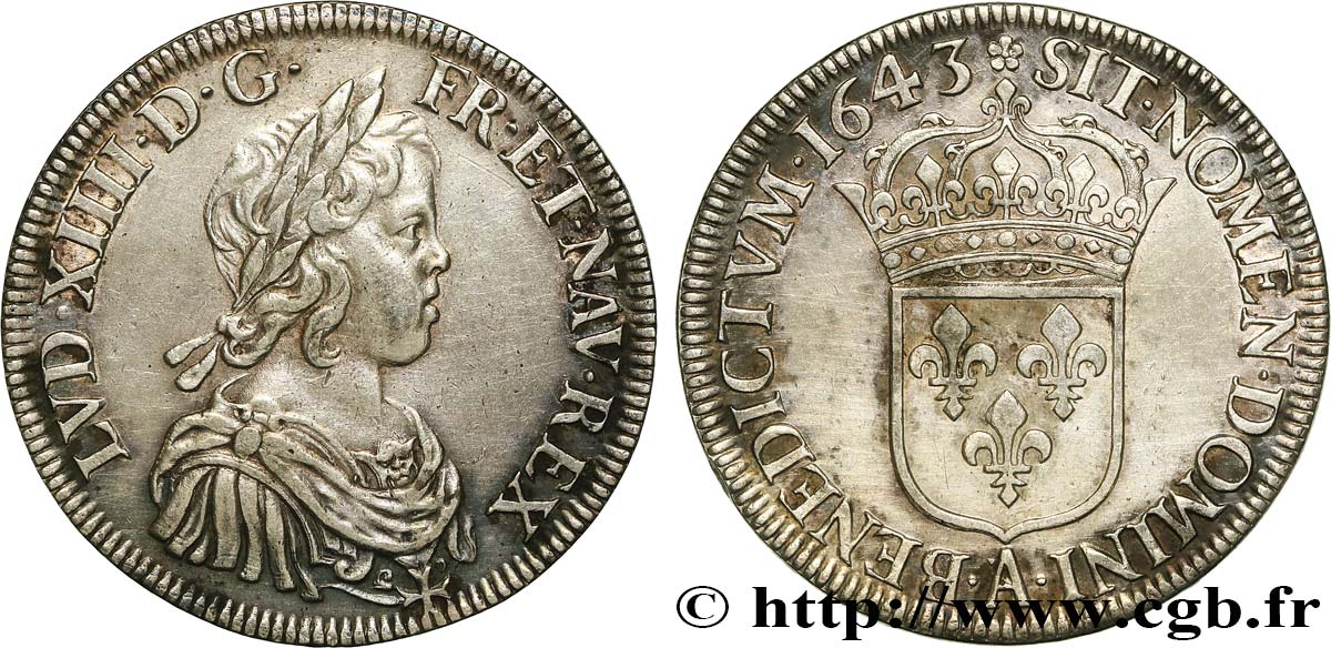 LOUIS XIV  THE SUN KING  Écu, portrait à la mèche courte 1643 Paris, Monnaie de Matignon MBC+