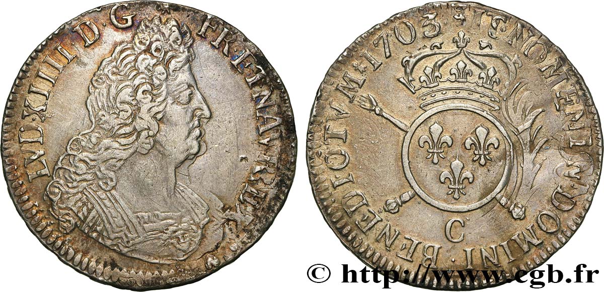 LOUIS XIV  THE SUN KING  Demi-écu aux insignes 1703 Caen q.SPL