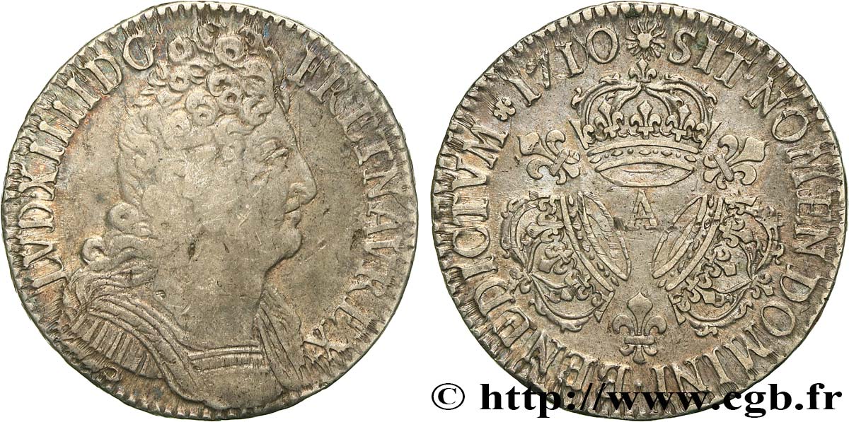 LOUIS XIV  THE SUN KING  Demi-écu aux trois couronnes 1710 Paris fSS/SS