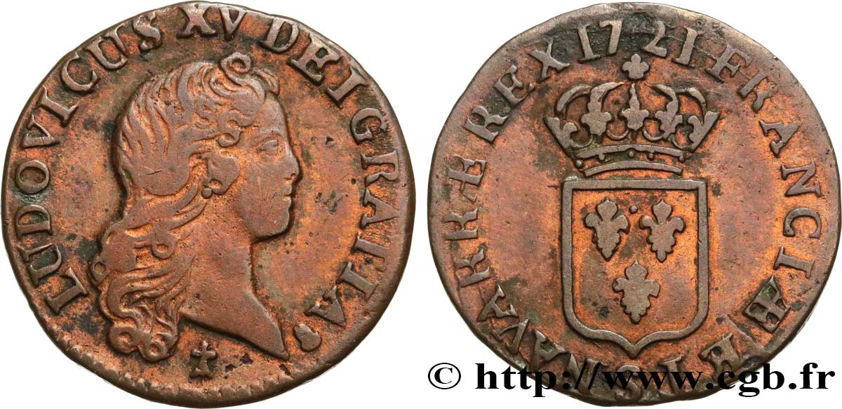 LOUIS XV DIT LE BIEN AIMÉ Liard au buste enfantin 1721 Reims TTB