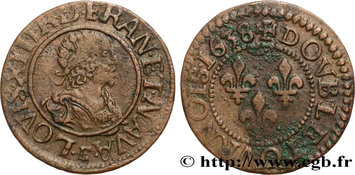 LOUIS XIII LE JUSTE Double tournois, 16e type de Tours 1638 Tours TB+/TTB