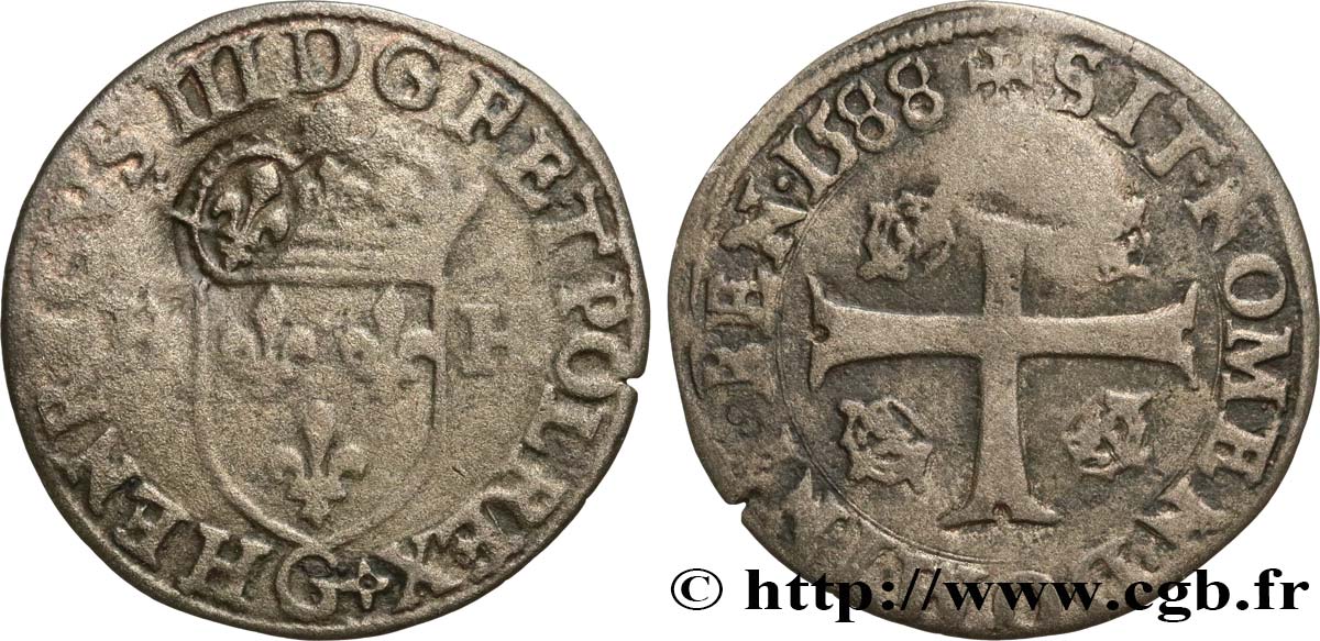 HENRI III Douzain aux deux H, 1er type, contremarqué en quinzain sous Louis XIII 1588 Poitiers TB+