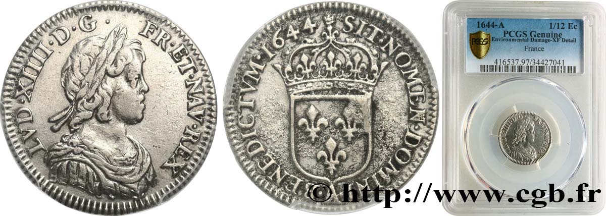 LOUIS XIV  THE SUN KING  Douzième d écu, portrait à la mèche courte 1644 Paris, Monnaie de Matignon SS