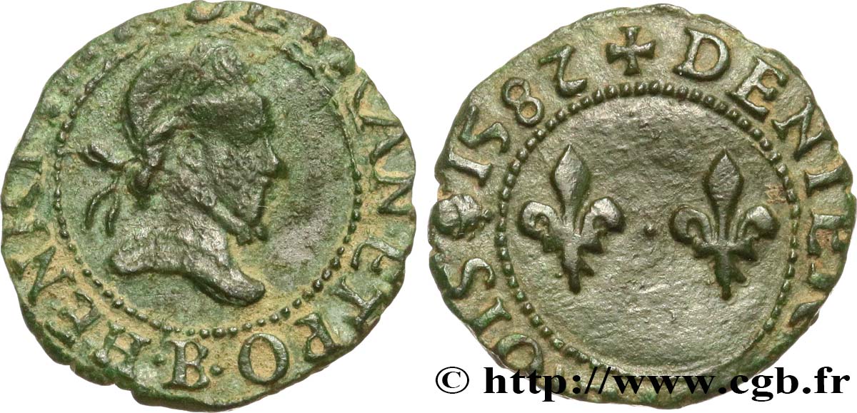 HENRY III Denier tournois, type de Rouen 1582 Rouen VF/XF
