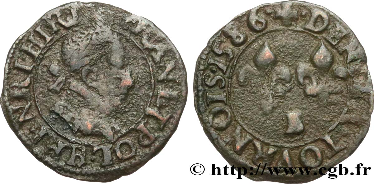 HENRI III Denier tournois, type de Rouen 1586 Rouen TB