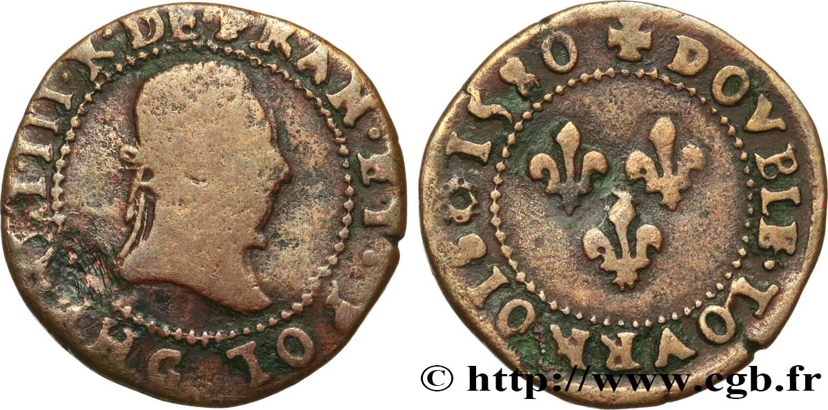 HENRY III Double tournois, type de Saint-Lô 1580 Saint-Lô VF/XF