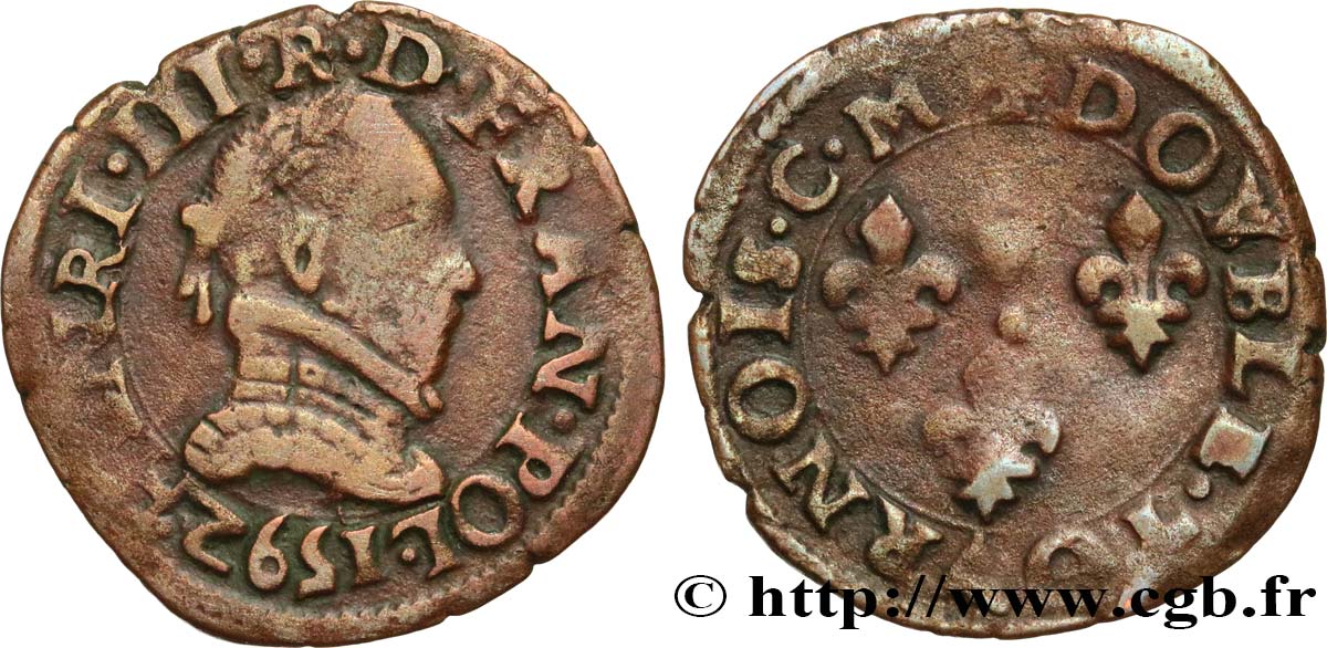 LIGUE. COINAGE AT THE NAME OF HENRY III Double tournois, type de Toulouse 1592 Toulouse q.BB