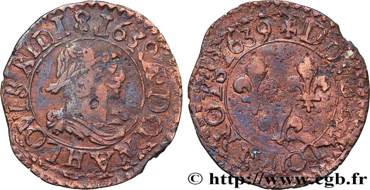 LOUIS XIII  Double tournois, type 14 1639 La Rochelle XF