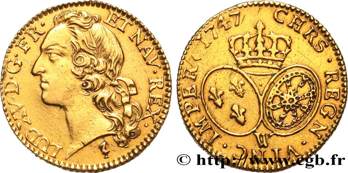 LOUIS XV  THE WELL-BELOVED  Louis d’or aux écus ovales, tête ceinte d’un bandeau 1747 Lille AU