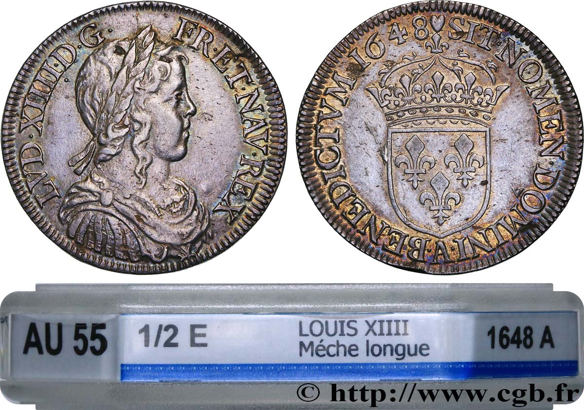 LOUIS XIV  THE SUN KING  Demi-écu, portrait à la mèche longue 1648 Paris AU55