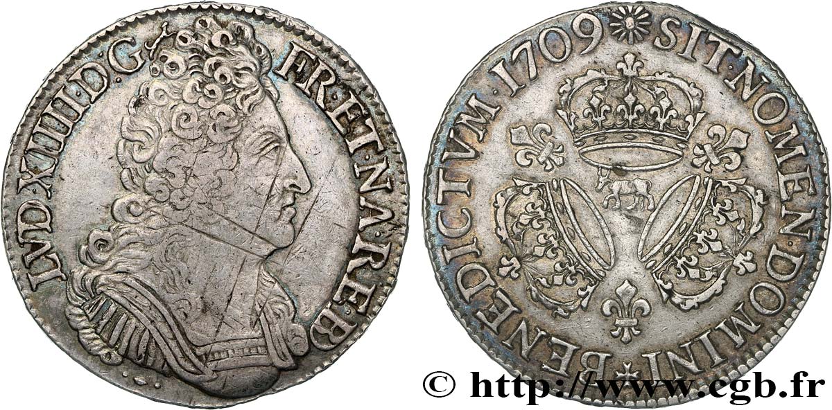 LOUIS XIV LE GRAND OU LE ROI SOLEIL Écu aux trois couronnes 1709 Pau TB+/TTB+