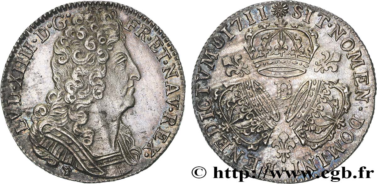 LOUIS XIV  THE SUN KING  Quart d écu aux trois couronnes 1711 Lyon AU/MS