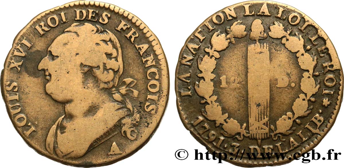 LOUIS XVI 12 deniers dit  au faisceau , type FRANCOIS 1791 Paris, Monnaie du Louvre BC+
