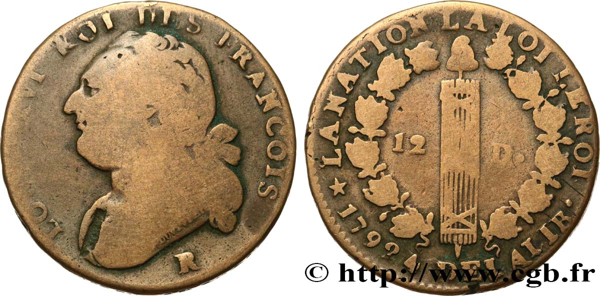 LOUIS XVI (MONARQUE CONSTITUTIONNEL)  12 deniers dit  au faisceau , type FRANCOIS 1792 Orléans TB