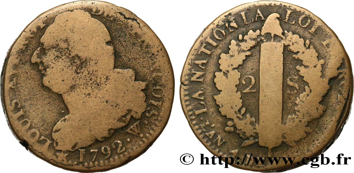 LOUIS XVI 2 sols dit  au faisceau , type FRANCOIS 1792 Arras VF