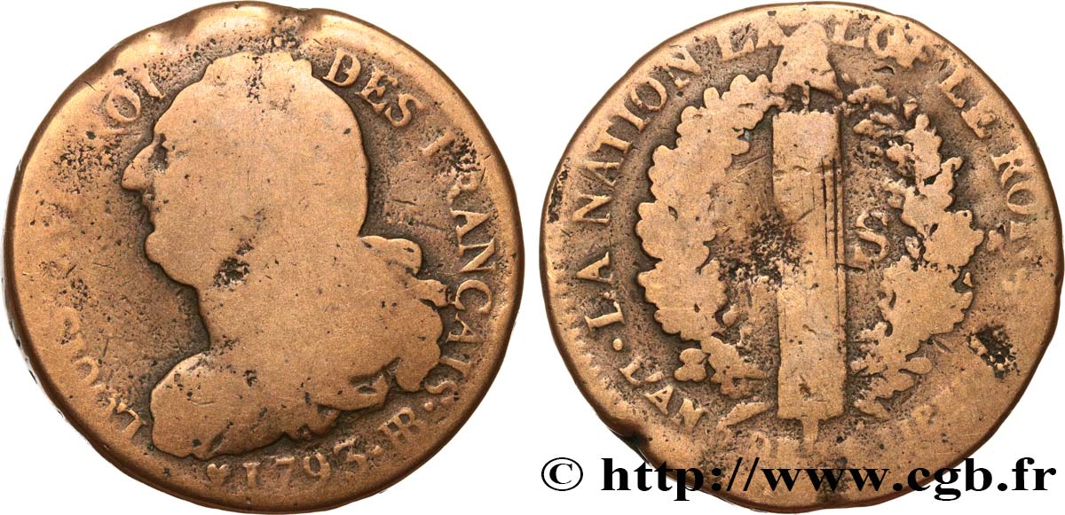 LOUIS XVI (MONARQUE CONSTITUTIONNEL)  2 sols dit  au faisceau , type FRANÇAIS 1793 Strasbourg TB