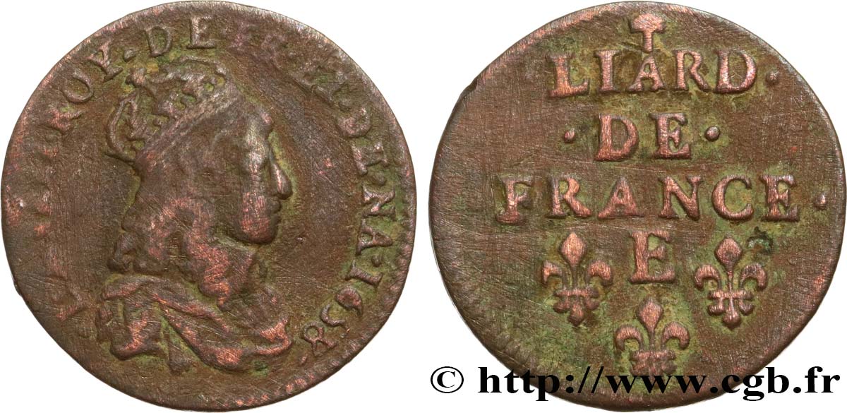 LOUIS XIV LE GRAND OU LE ROI SOLEIL Liard de cuivre, 2e type 1658 Meung-sur-Loire TB/TB+