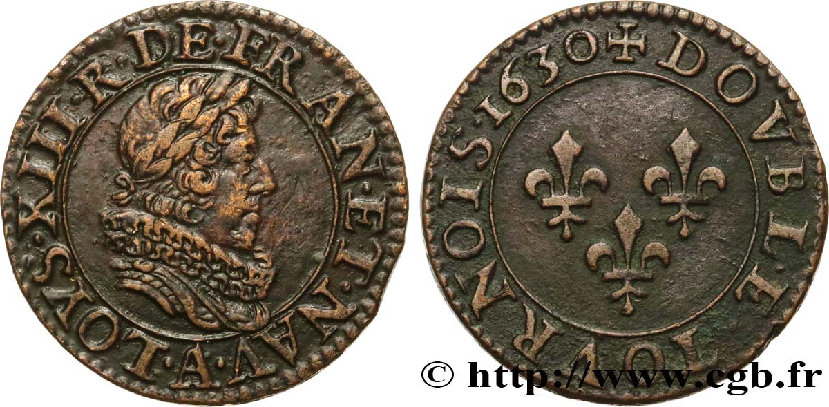 LOUIS XIII  Double tournois, type 5 1630 Paris EBC