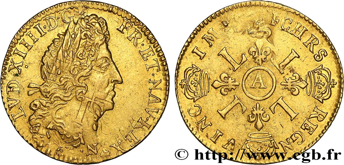 LOUIS XIV  THE SUN KING  Louis d or aux quatre L n.d. Paris VF/XF