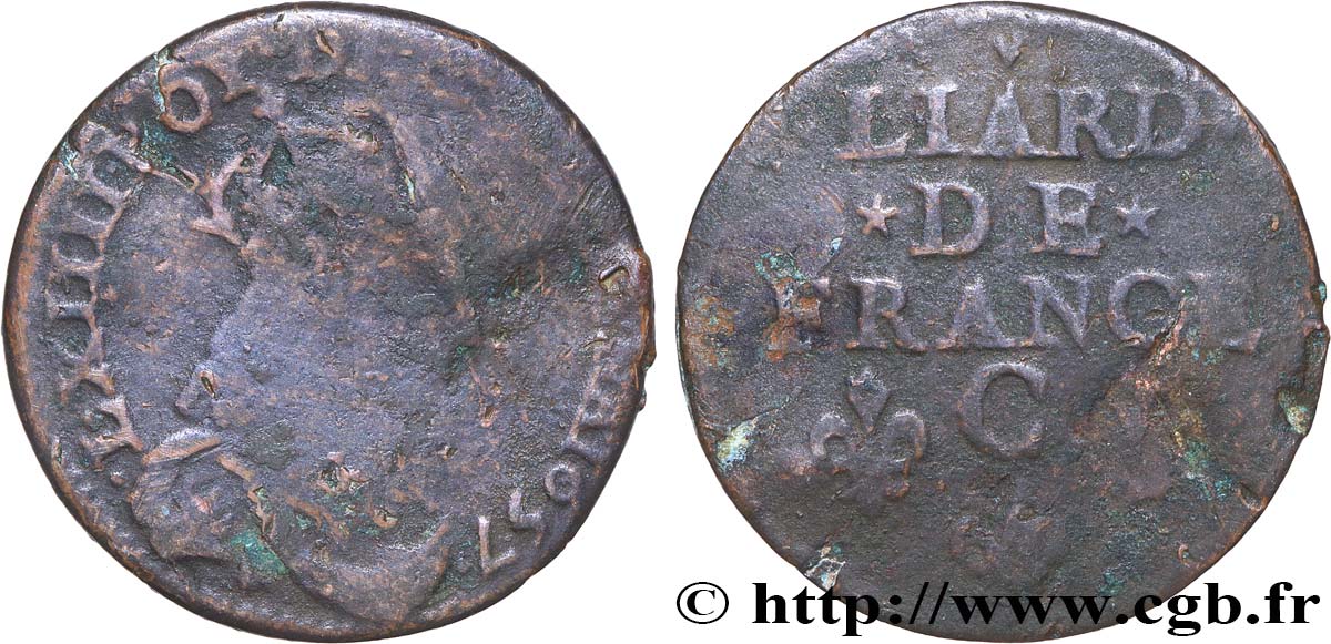 LOUIS XIV LE GRAND OU LE ROI SOLEIL Liard de cuivre, type 5 1657 Caen B+/TB