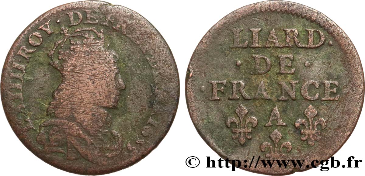 LOUIS XIV LE GRAND OU LE ROI SOLEIL Liard de cuivre, 2e type 1655 Corbeil B+/TB+