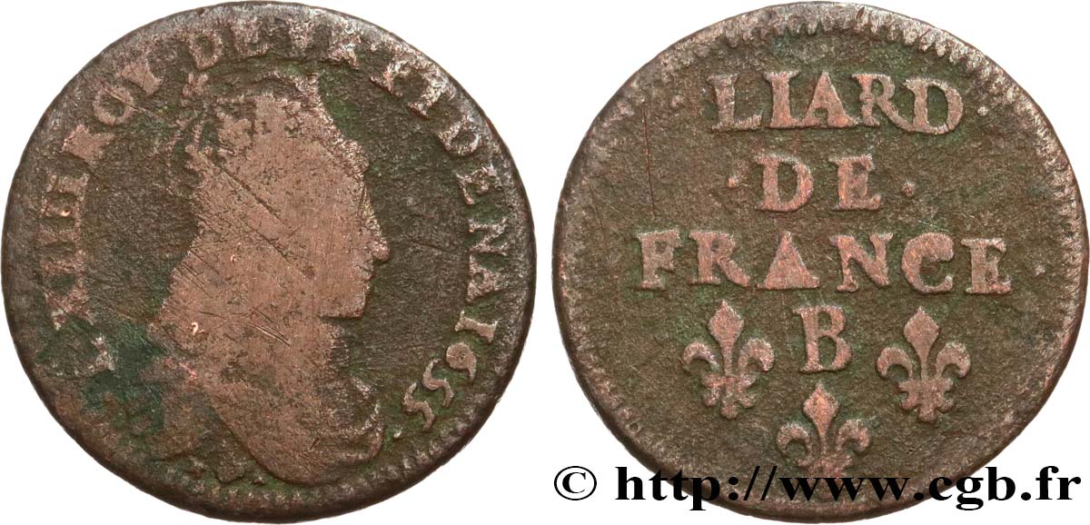 LOUIS XIV &nbsp;THE SUN KING&nbsp; Liard de cuivre, 2e type 1655 Pont-de-l’Arche VF