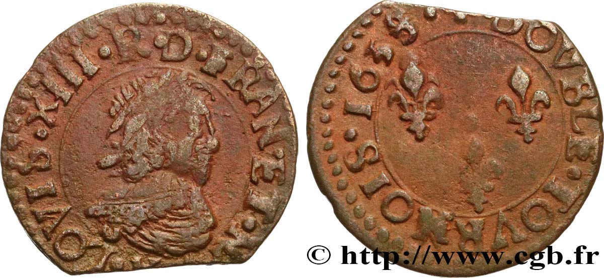 LOUIS XIII LE JUSTE Double tournois, type 8 1638 Bordeaux TB