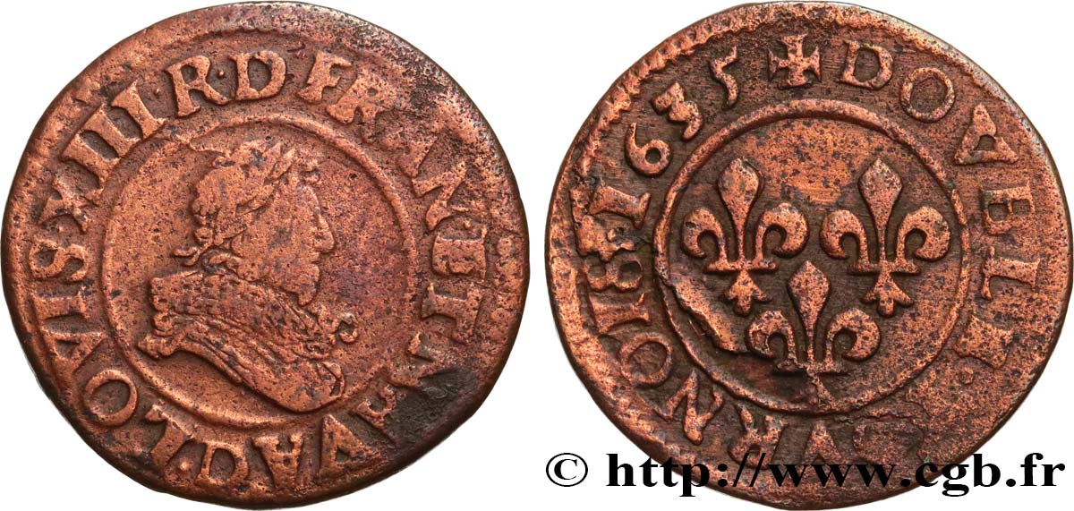 LOUIS XIII  Double tournois, type 8 1635 Lyon VF/VF